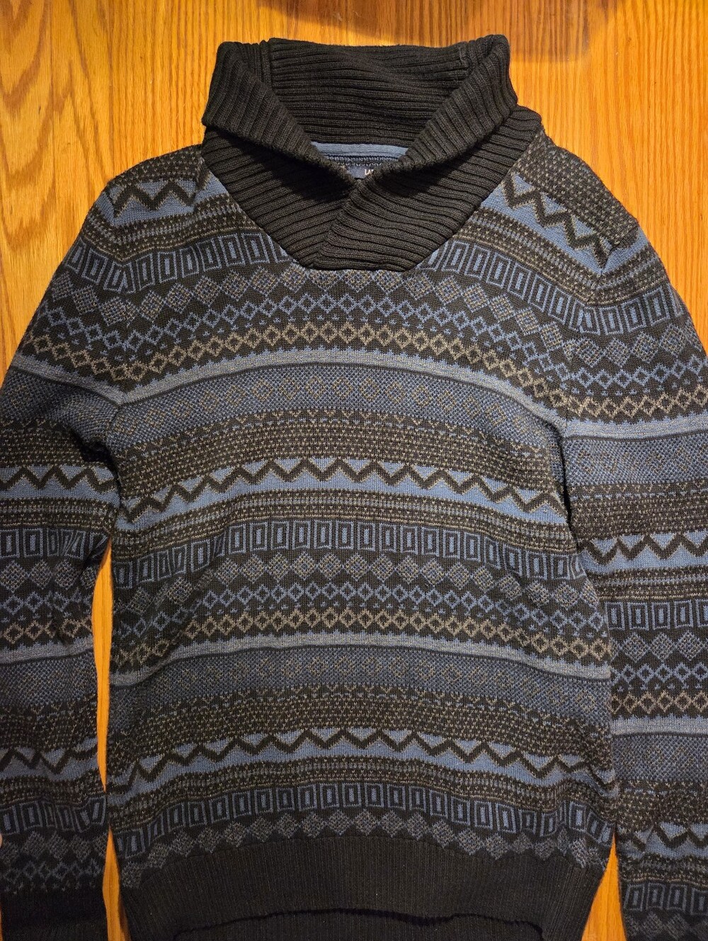 American Rag Mens Aztec Fair Isle Shawl Collar Sweater L Blue Gray Geometric